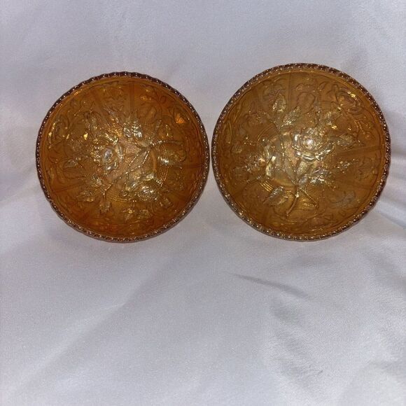 Vintage Imperial Carnival Glass Roses Relief Orange 5 Inch Bowls Set‎ Of 2 - Picture 1 of 5